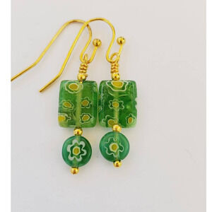 Green and Yellow Glass Millefiori Earrings 1 inch Gold Tone Findings Handmade